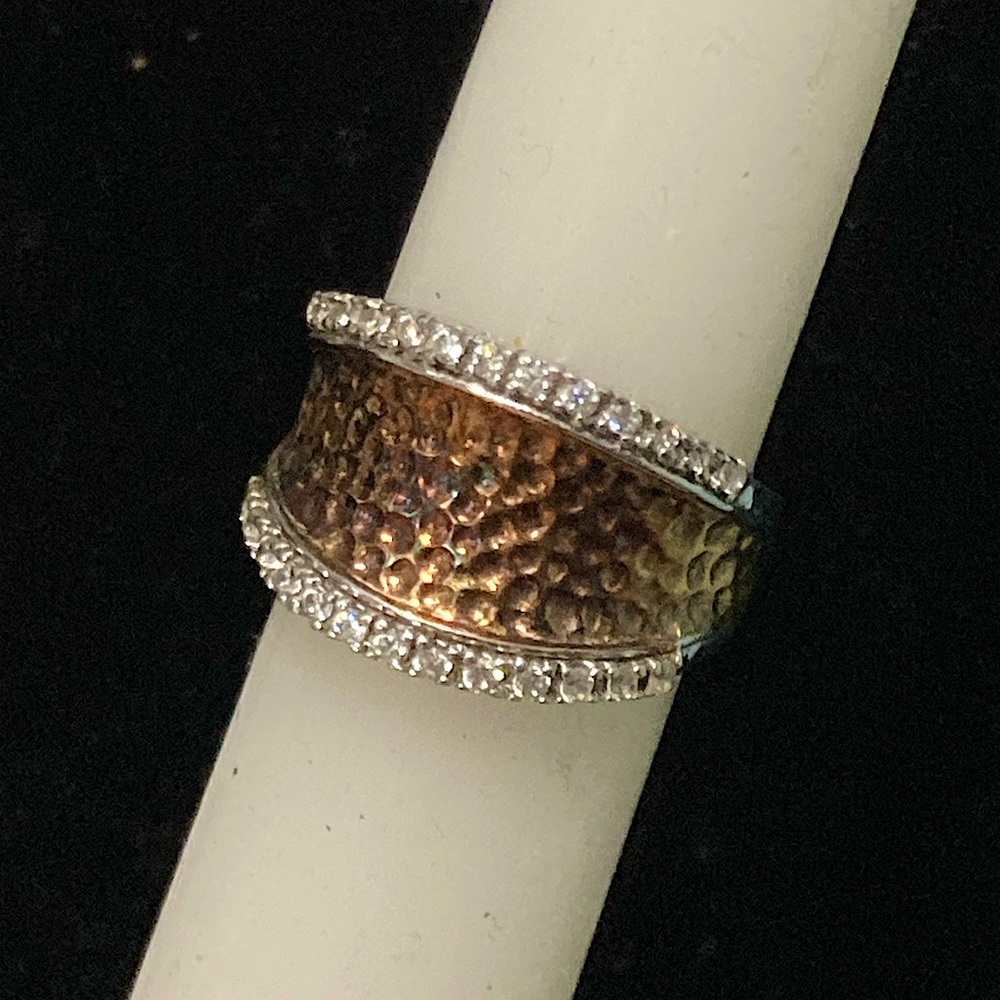 Sterling Rose Gold Hammered Cigar Band Ring CZs sz8 ESPO Joseph Esposito